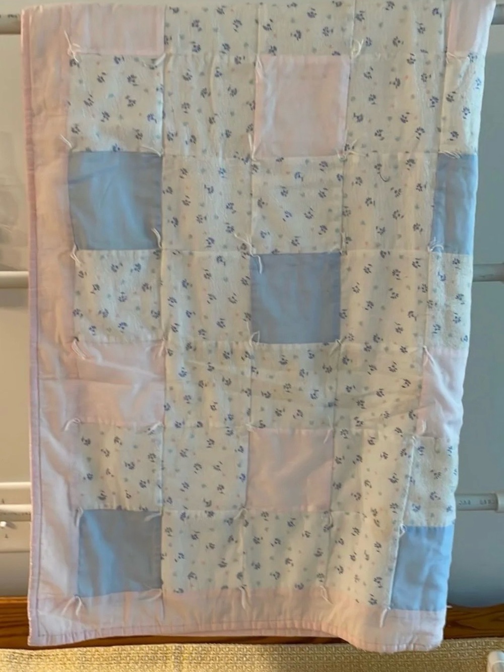 Vintage Flannel Patchwork Hand Made Tied Baby Quilt